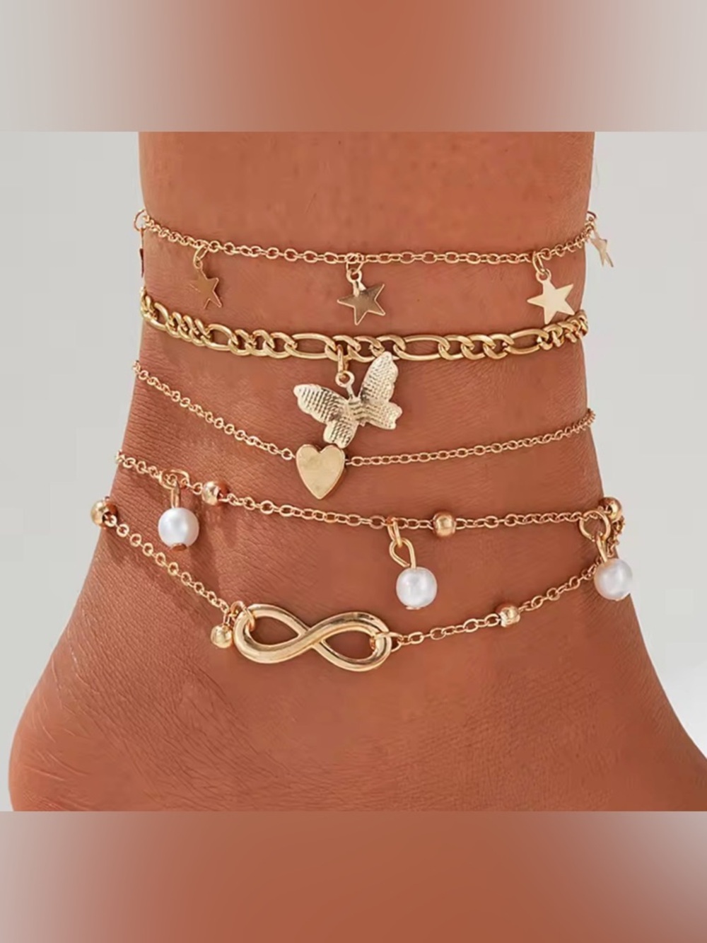 Gold Layered Anklet Set with‎ Star, Butterfly & Infinity Charms - Women Jewelry